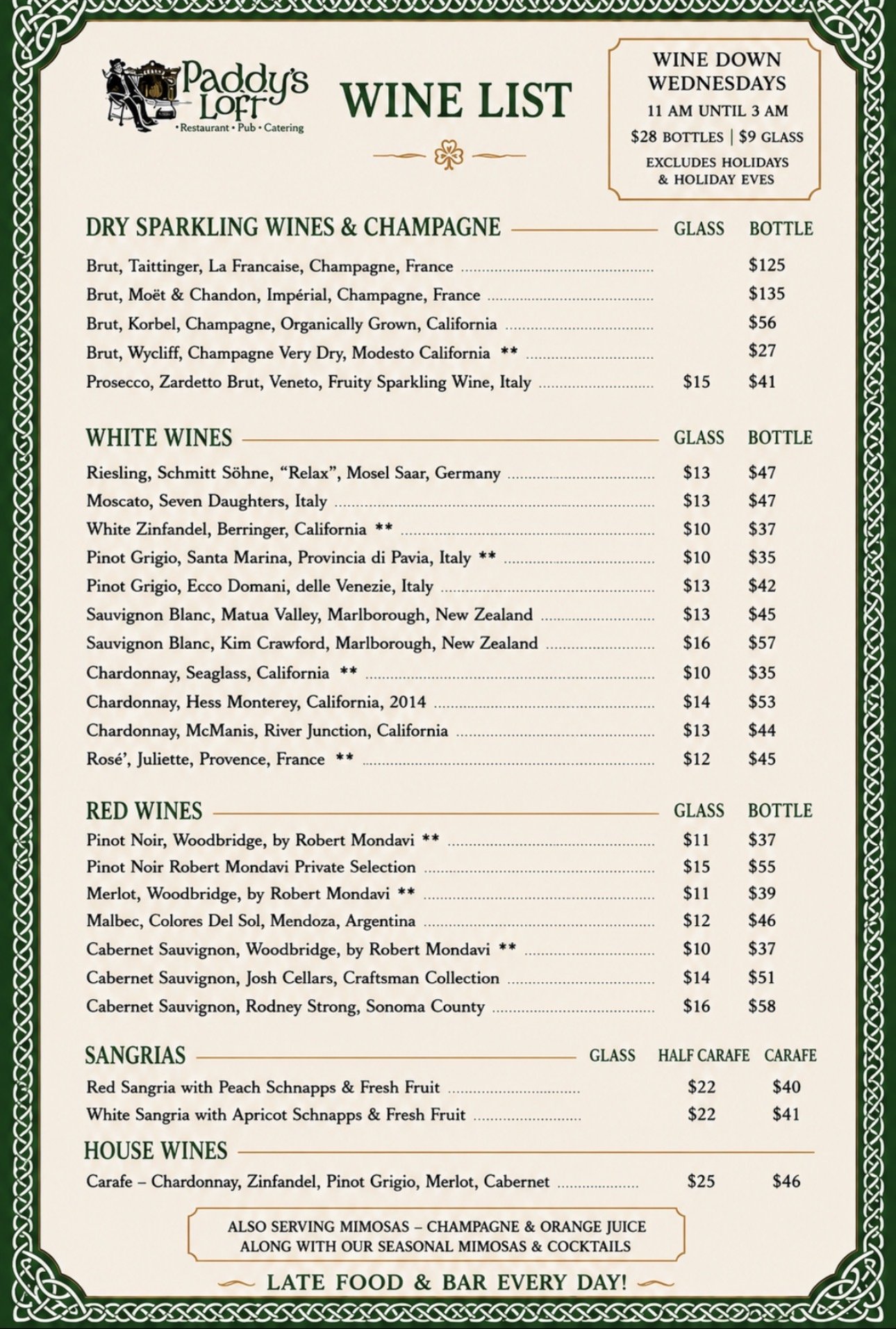 PADDY'S LOFT WINE LIST