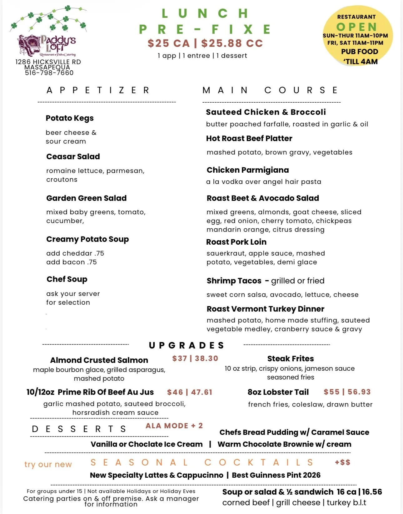 PRE-FIXE LUNCH MENU - PADDY'S LOFT