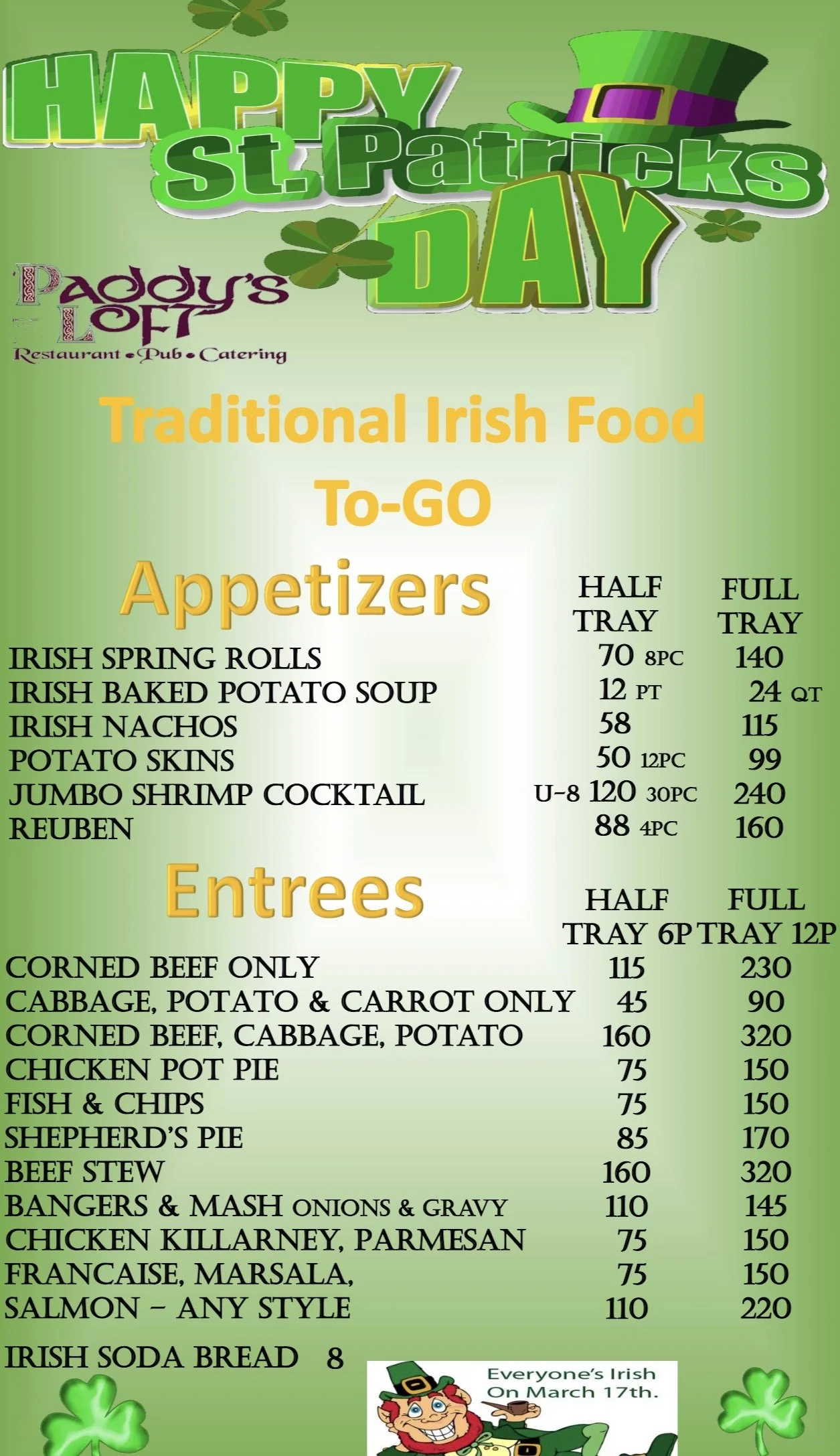 ST. PATRICK'S DAY TO-GO MENU - PADDY'S LOFT