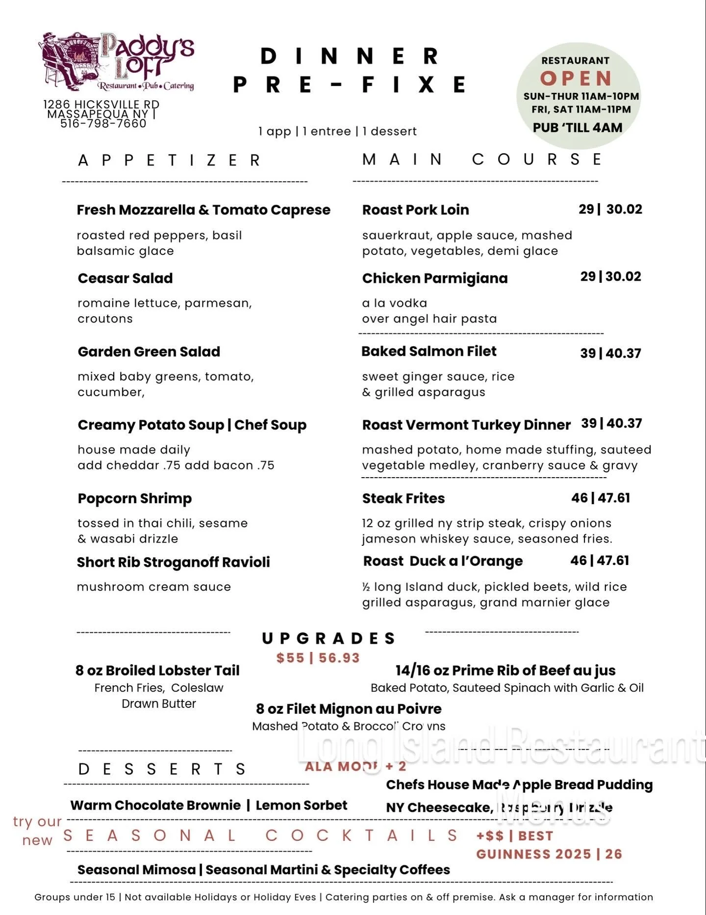 L.I. RESTAURANT WEEK AT PADDY'S LOFT
