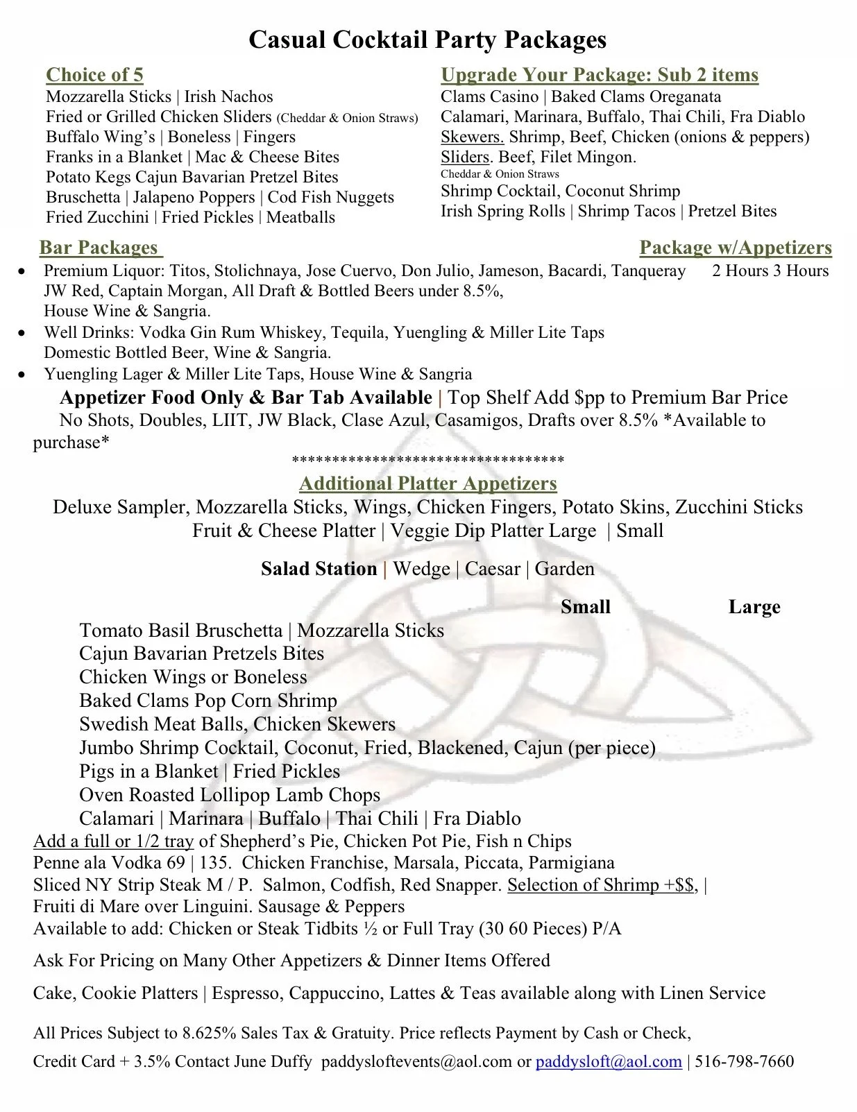 PADDY'S LOFT CASUAL COCKTAIL PARTY PACKAGE