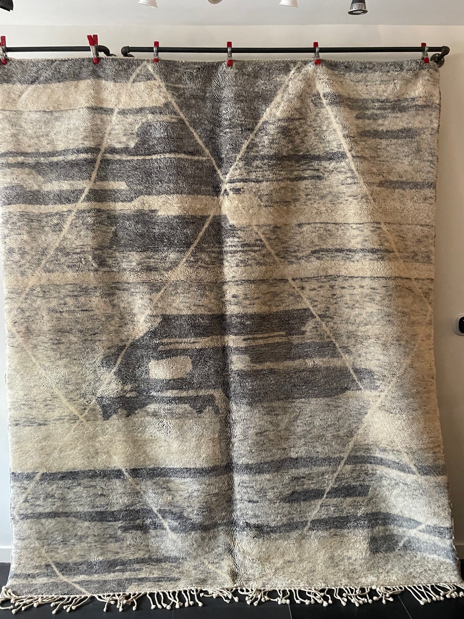 Modern Moroccan wool rug with heathered blue grey and cream and subtle cream diamond moftif