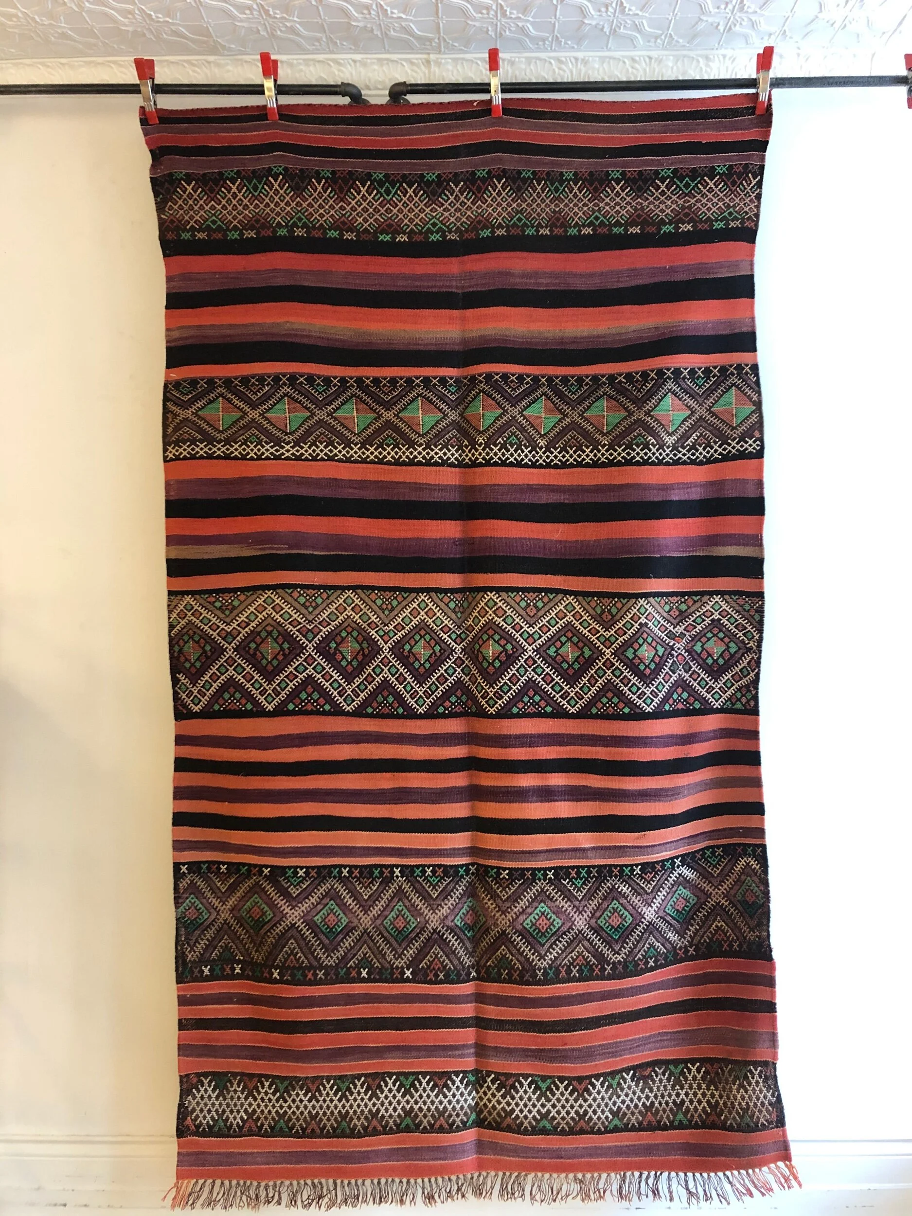 Flatweave Moroccan kilim rug with purple black and red striping and multicolor embroidery