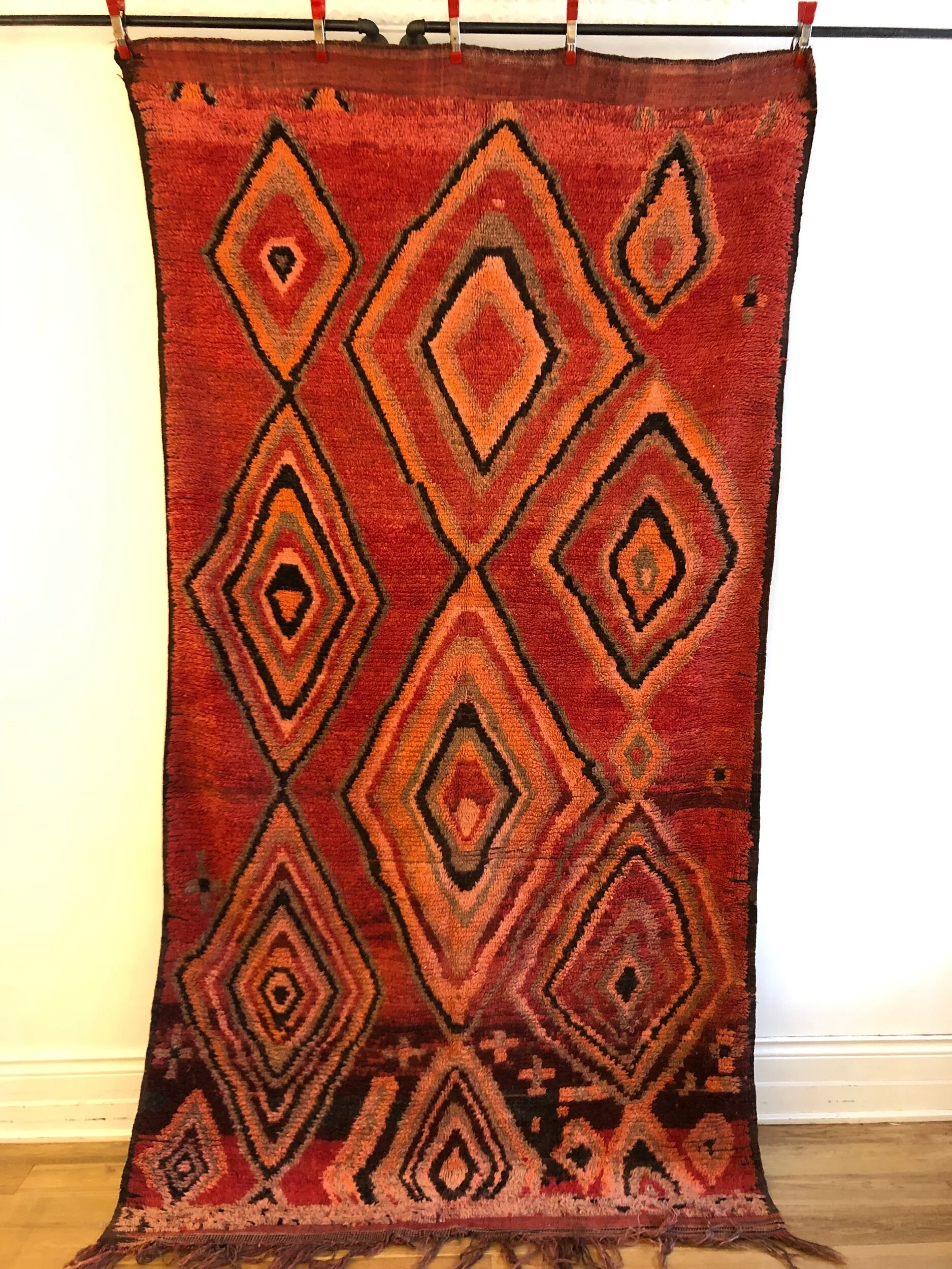 Vintage Red Moroccan Rehamna rug with irregular oversized diamonds in multicolor lines