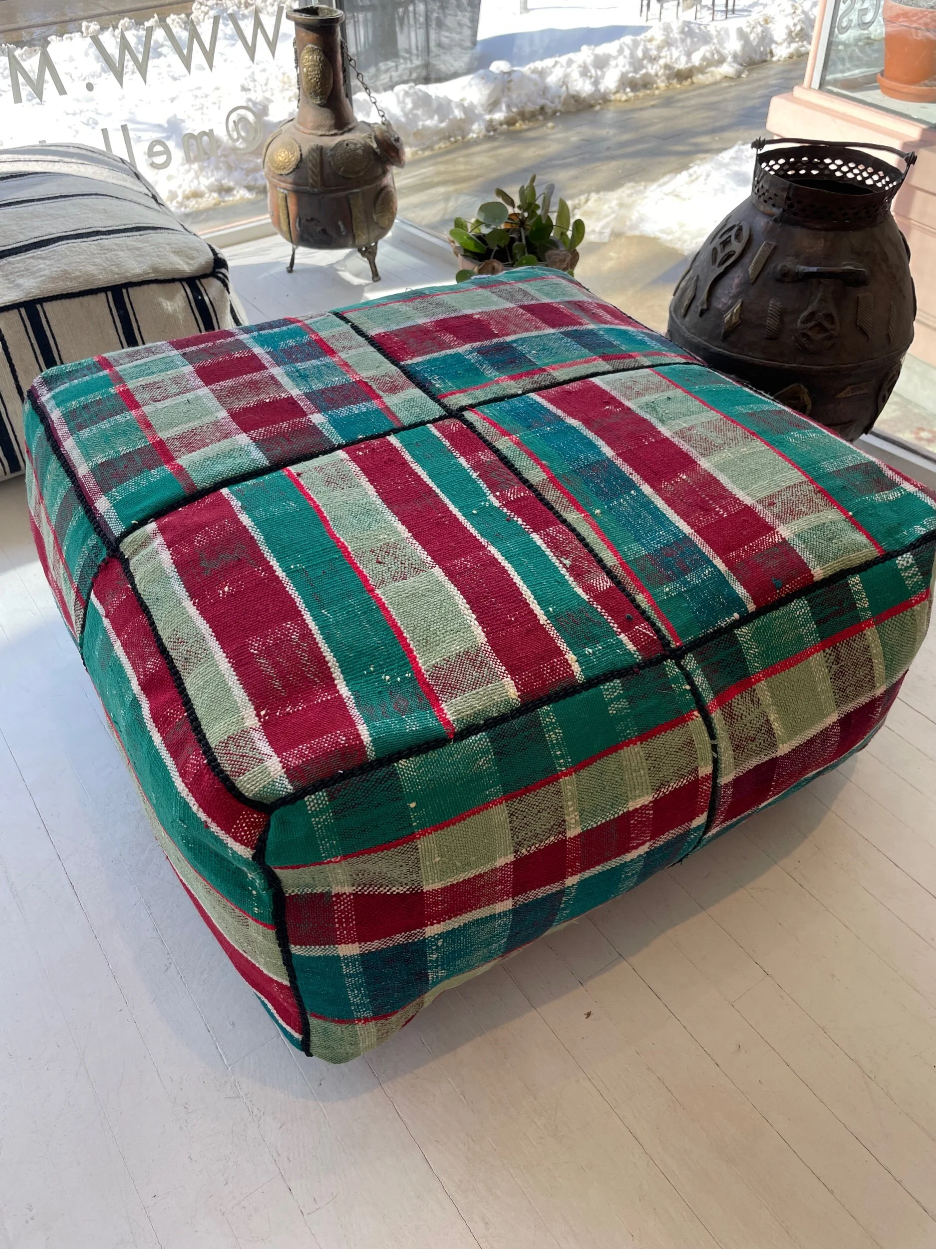 red and green madras Moroccan pouf