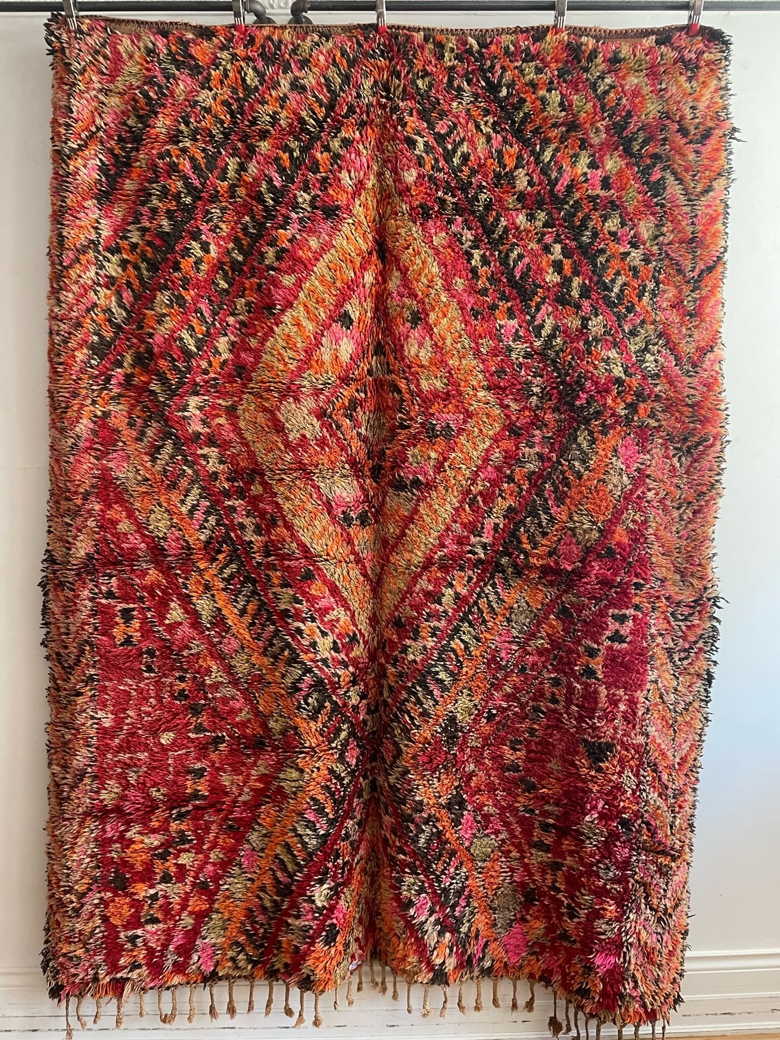 Vintage bright multicolor Moroccan high pile rug with diamond patterns