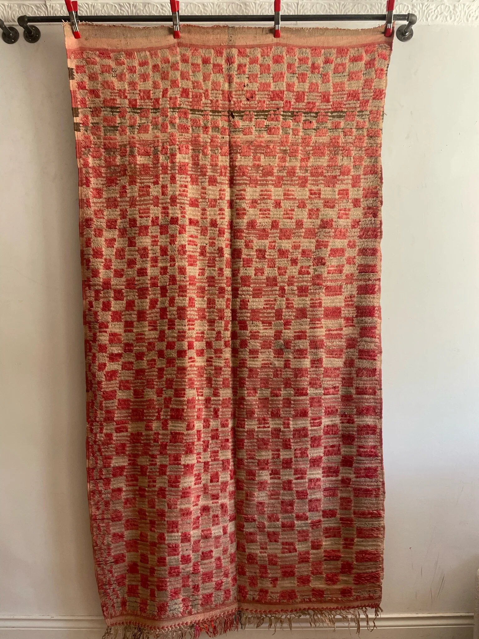 pink and beige checkerboad vintage Moroccan rug