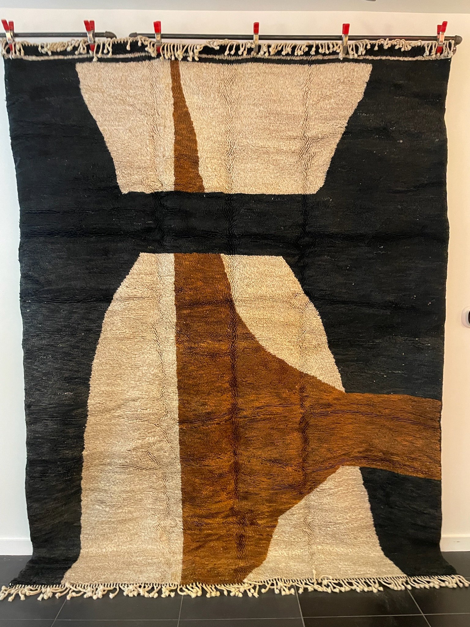 Oatmeal black and brown hand-knotted Modern Moroccan rug with large color-block design