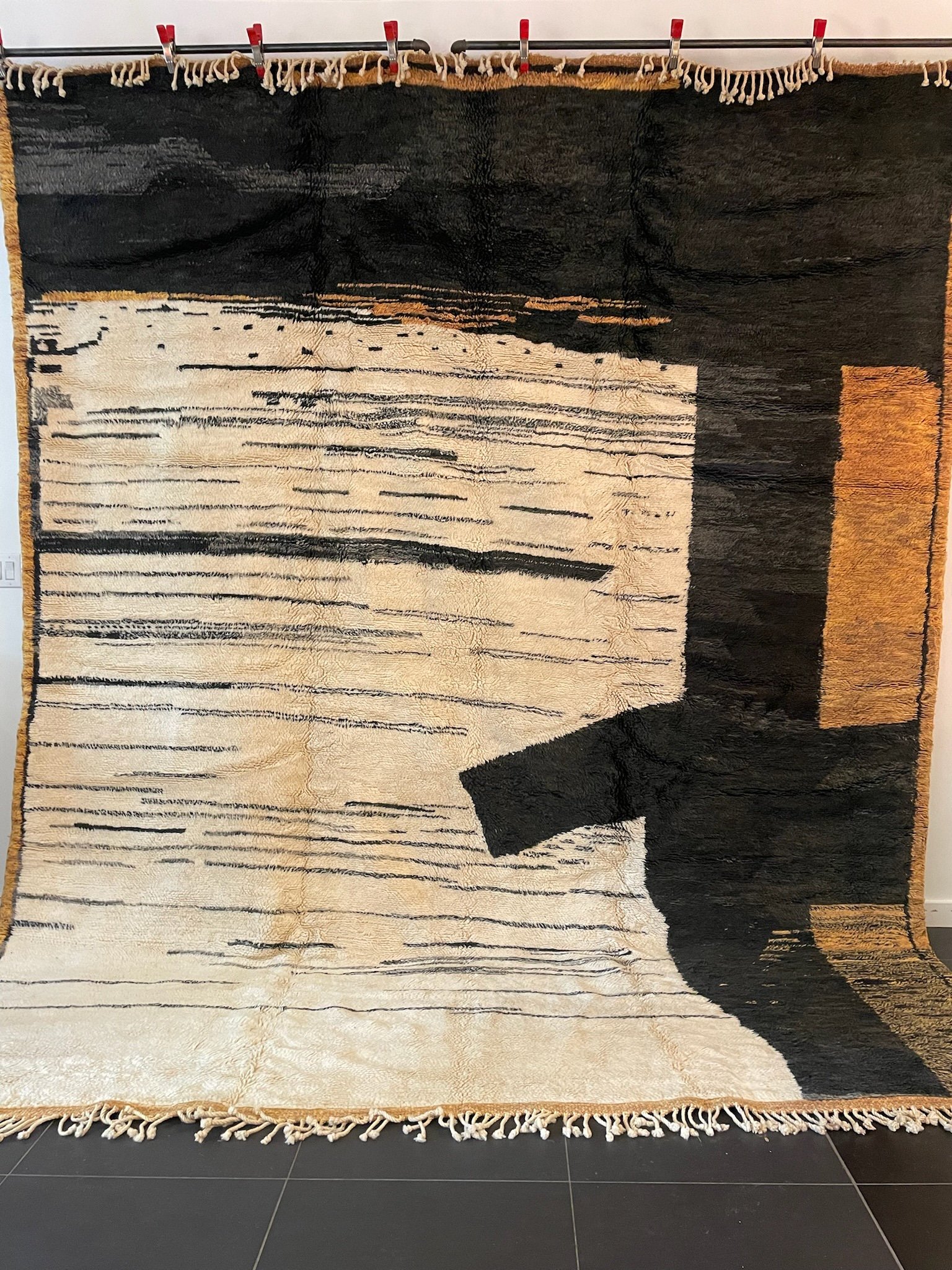 large modern hand-knotted Moroccan wool Beni Mrirt rug with cream black and brown