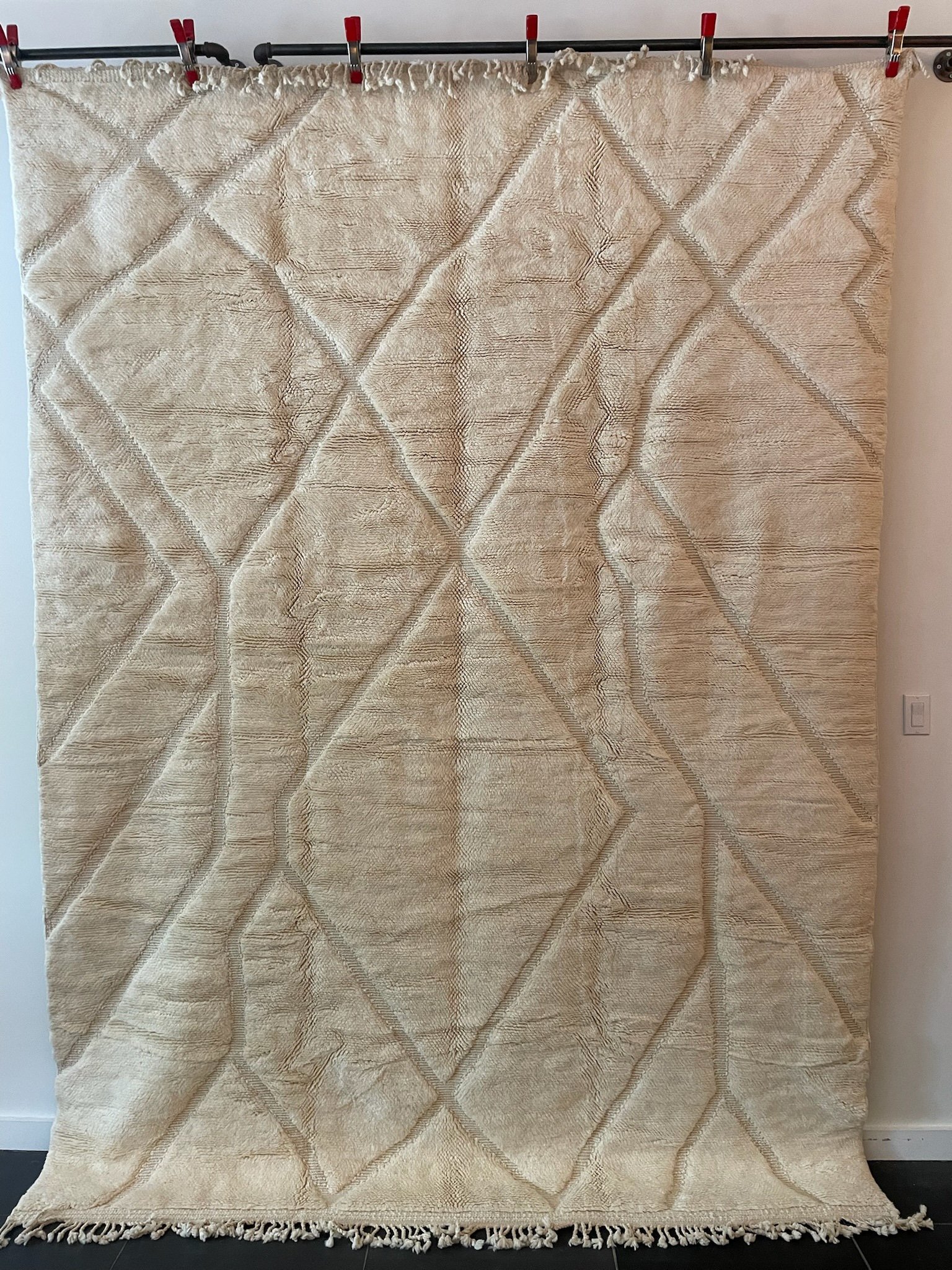 cream on cream modern Moroccan hand-knotted wool rug with minimal design