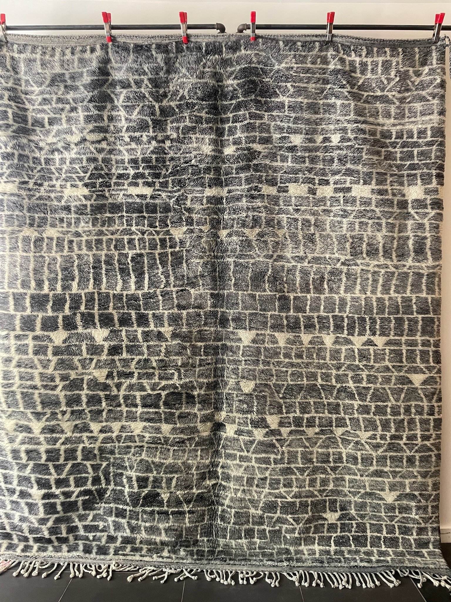 large hand-knotted modern Moroccan rug in grey with cream line designs