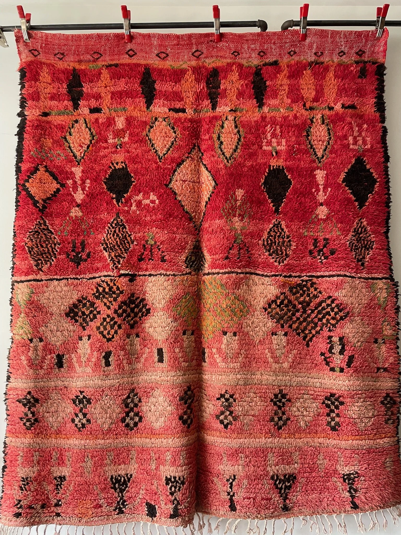 Vintage Moroccan wool Boujaad Berber rug, red with black and pink and mustard