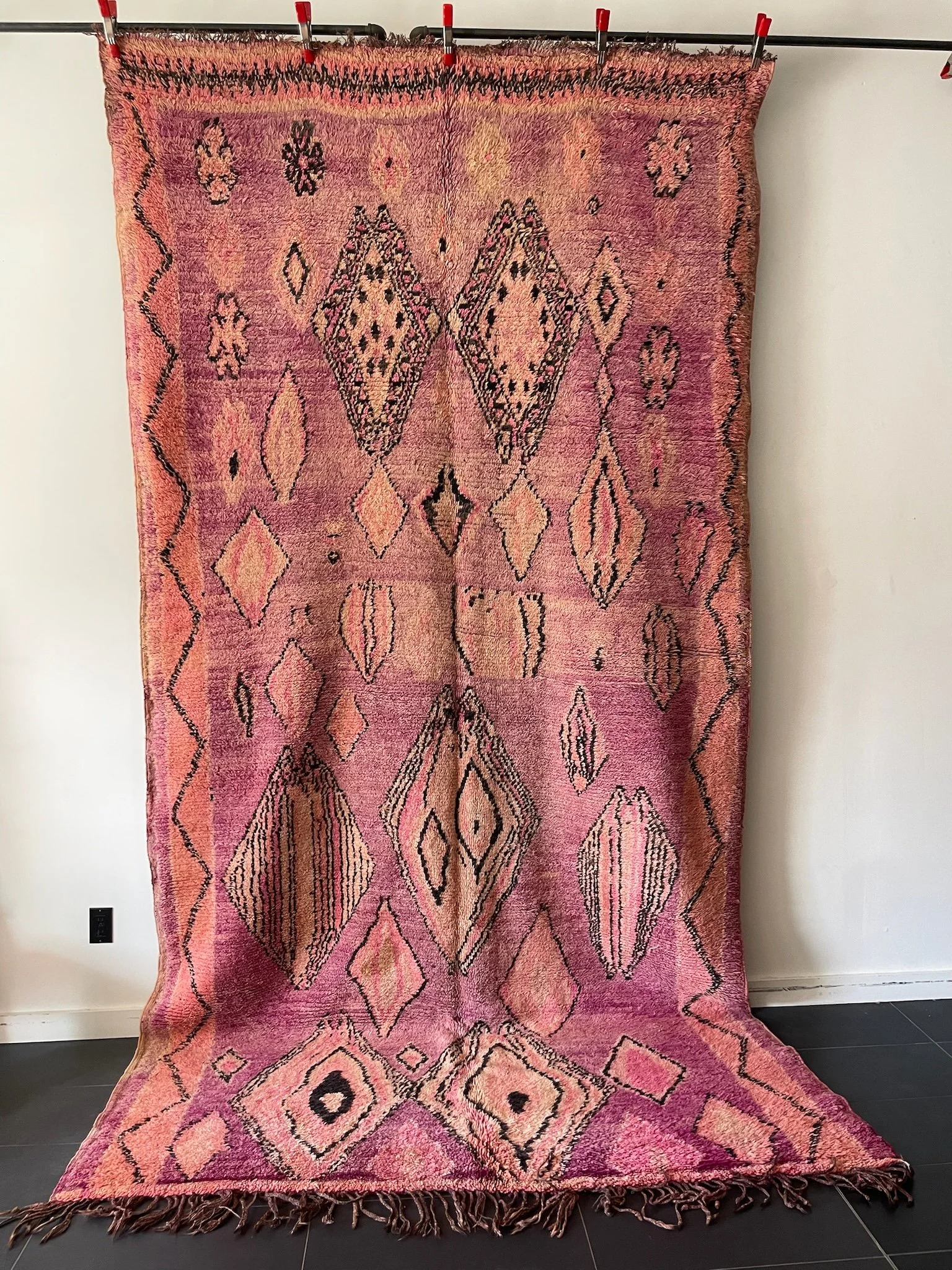 vintage purple, pink, peach Moroccan wool Berber rug with black diamond and zig zag designs