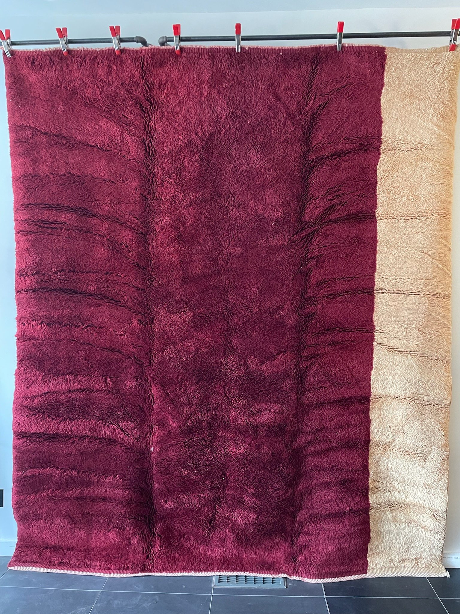 Wine and pale yellow hand knotted Modern Moroccan wool rug