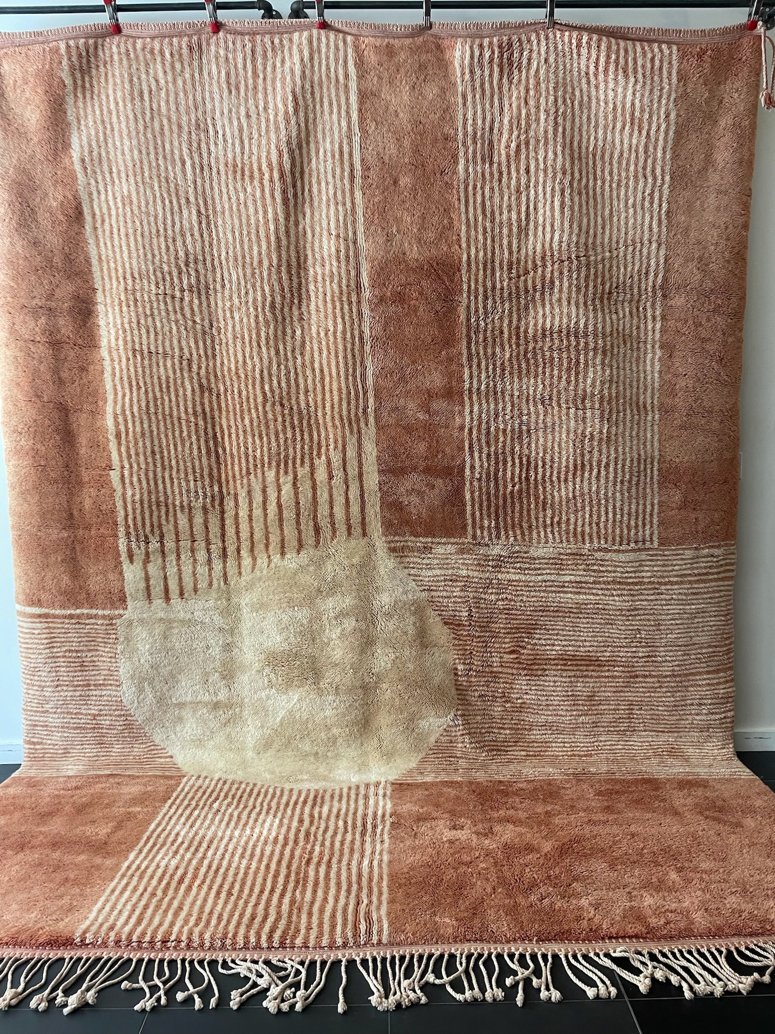 Oversize hand-knotted modern Berber Moroccan soft wool rug in terracotta and cream with thin stripes