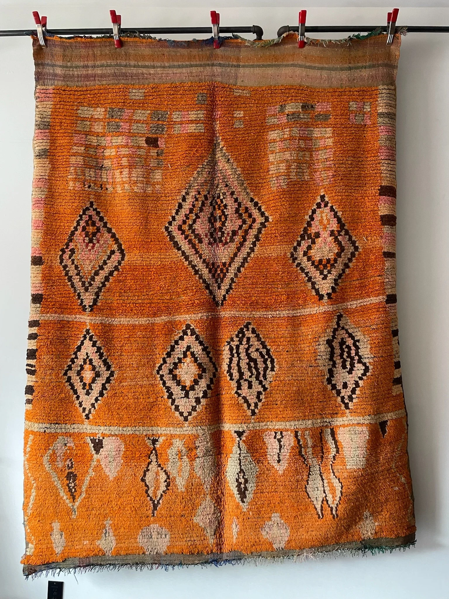Vintage square orange Moroccan wool rug with blue, chocolate brown, pink and grey diamonds and lines
