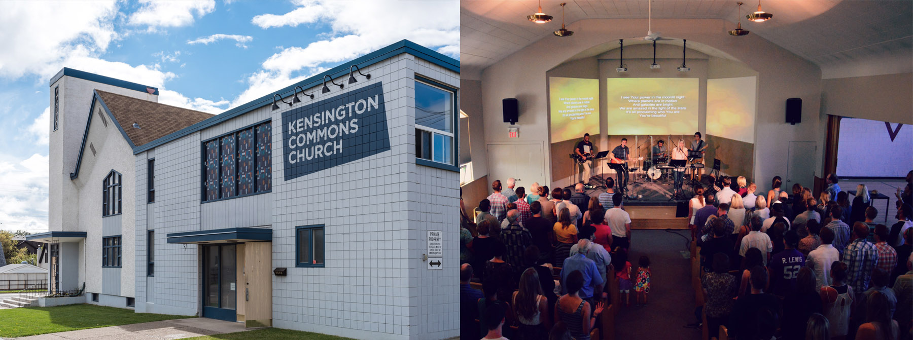 The Kensington Building today alongside a shot from the opening Sunday of Commons Church Sept 7, 2014