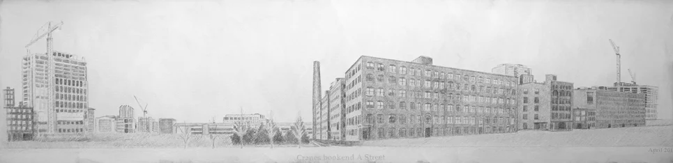 Cranes Bookend A Street, Silverpoint This was a view of "A" Street in Boston, during a recent rash of building and development.