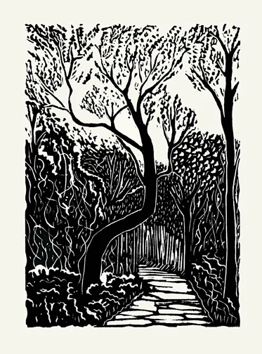 Marker Tree 2015, linoleum print inspired by trail marker trees that were intentionally shaped by Native Americans. This one is on a road on Sugar Island, Michigan, printed on rice paper. 20 copies.7" x 5". 