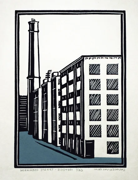 Wormwood Street 2015, 2 color linoleum print on rice paper. This is an image of my studio building in Boston. 20 copies. 7" x 5".