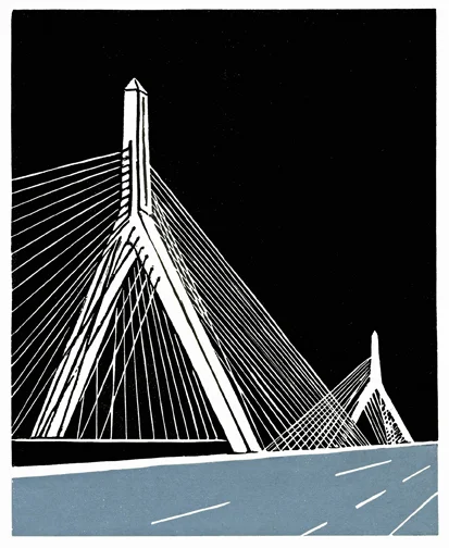 Zakim Bridge, Boston 2 color print on rice paper.  From the Almost Home edition.  20 copies. 9" x 7.25"