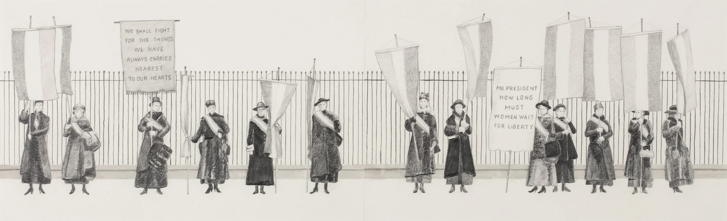 The Silent Sentinels, 2018 graphite drawing"I’ve been holding this sign for 100 years&nbsp;"- a sign seen at the 2017 Women’s MarchStarting in 1917 a group of suffragists picketed the White House for almost two and a half years, with the goal of see…