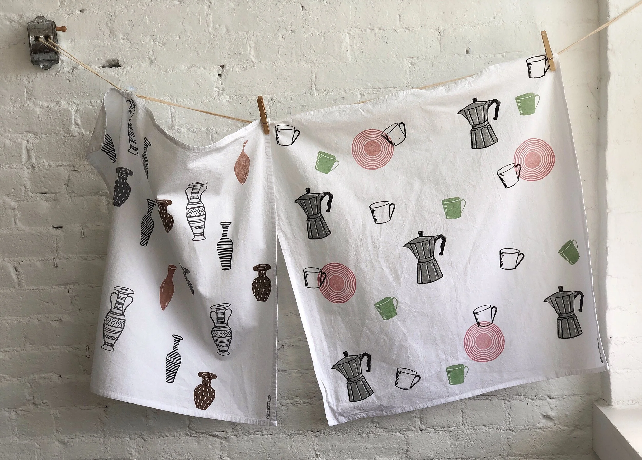 Hand printed Tea Towels , 2019 Washable fabric ink on soft cotton flour sack towels