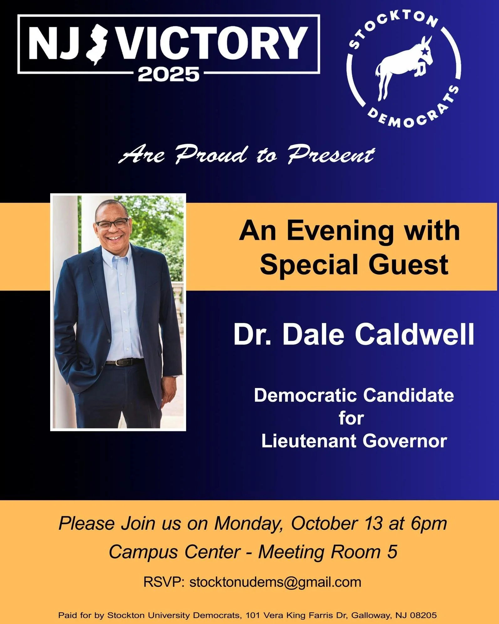 Despite the weather, our meet and greet tonight with @drdale.caldwell is still on! See you tonight at 6 p.m. at the Stockton Campus Center in Galloway.