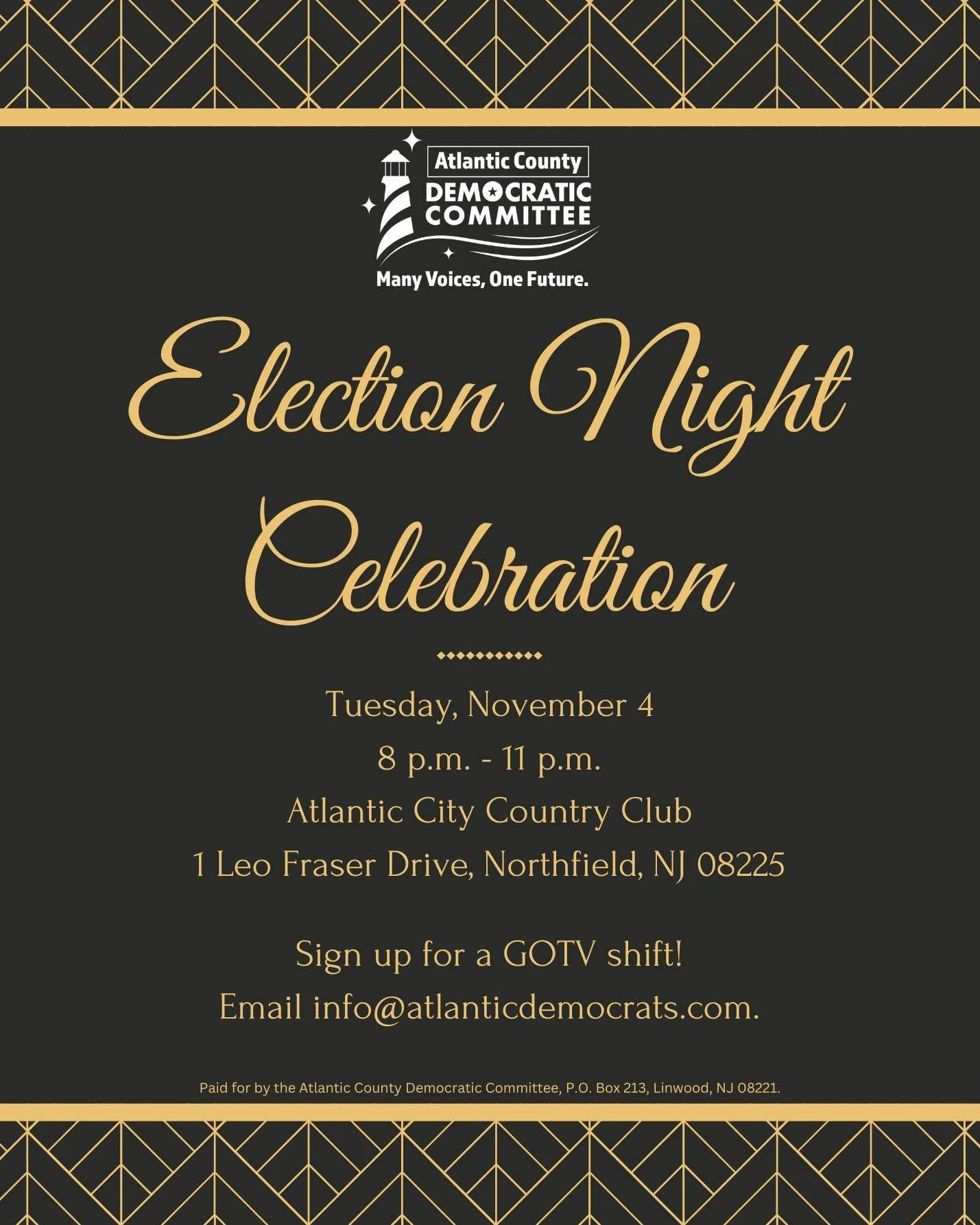 Join us for our Election Night Celebration tomorrow night! But first, sign up for a GOTV shift!

📍 EHT: https://www.mobilize.us/njvictory2025/event/856421/
📍 Galloway: https://www.mobilize.us/njvictory2025/event/856420/
📍 Hamilton Twp: https://www