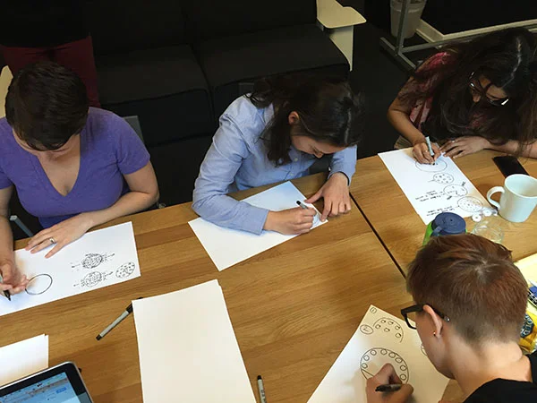 A group of participants sketching interface ideas in a participatory design session.