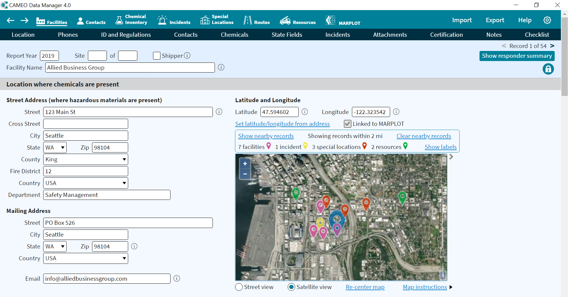 A hazardous chemical facility record, showing the facility, its location information, and other areas of interest on a map.