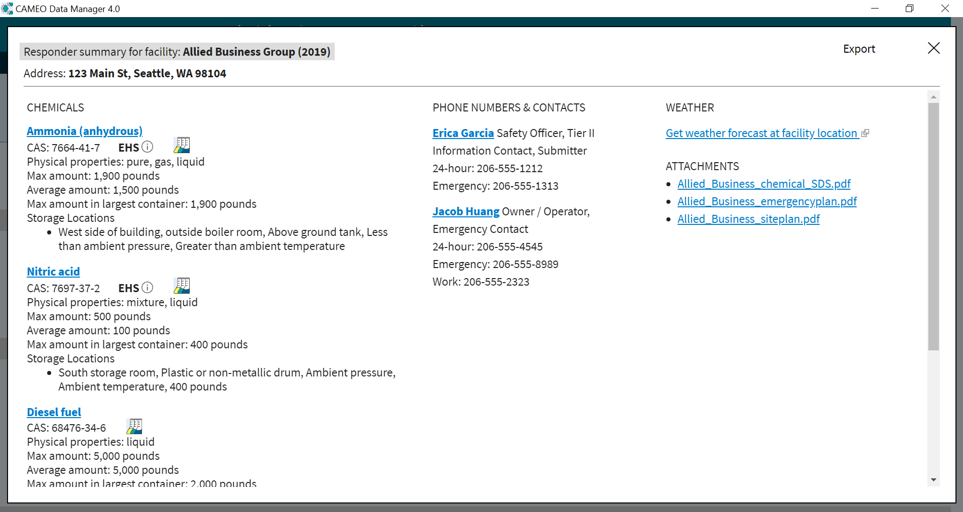 The responder summary for a hazardous chemical facility record.