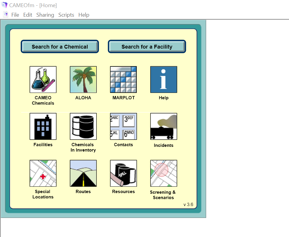 The home screen of the original CAMEOfm, a desktop software tool that my team and I were tasked with redesigning.