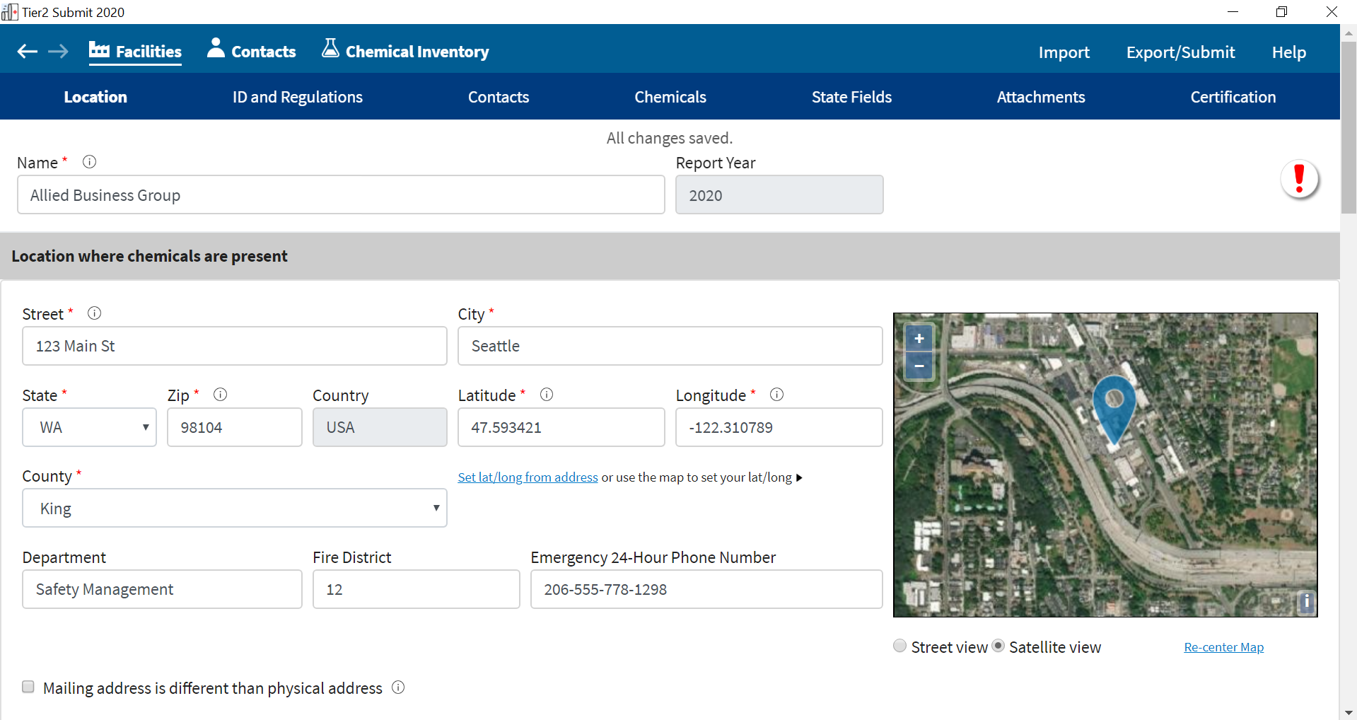 A facility detail screen showing the location of the facility with hazardous chemicals.