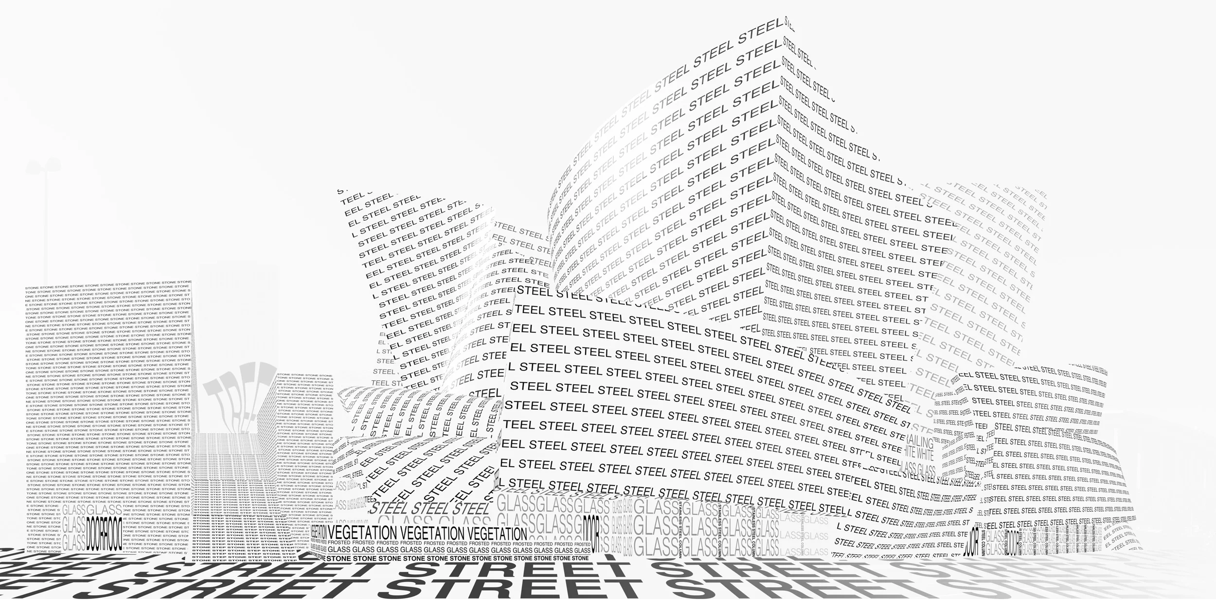 Beauty of Architecture Depicted By Typography. The English words are used to show the name of the components of this Gehry's masterpiece. The facade’s curve and panels are articulated by transformed typeface. Reflectivities of the materials are expressed by opacities of the words in order to give audiences a feeling of depth.