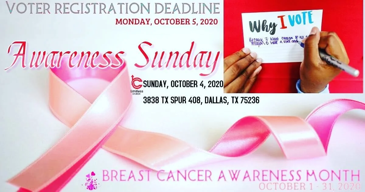 🛑 STOP BY LIMITLESS CHURCH ON SUNDAY, OCTOBER 5 @ 10:10 AM FOR AWARENESS SUNDAY‼️ We can assist you if you are not registered to 🇺🇸VOTE. The deadline is 10/5 and YOUR VOTE COUNTS! 💗 We will also pay homage to Breast Cancer Awareness Month. Prayin