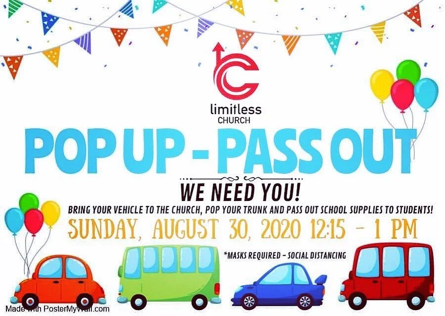 🎈WE NEED YOU TOMORROW, SUNDAY, AUGUST 30 for our  POP UP - PASS OUT event from 12:15 - 1 pm in the front of the church‼️⛪️ Bring your vehicle 🚗, pop your trunk and WE will pass out school supplies to students! Limitless Church will provide the item
