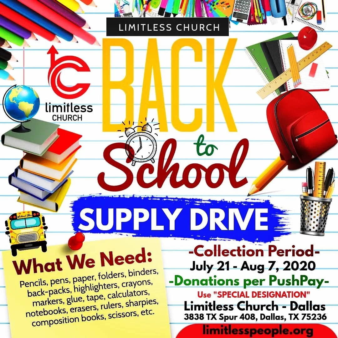 🍎 BACK TO SCHOOL SUPPLY DRIVE 🏫 Collection Period 🖍 July 21 - August 7, 2020💰 Donations per PushPay using &ldquo;Special Designation&rdquo;. We would like to bless 50 elementary school and 50 middle &amp; high school students with bags. We will s