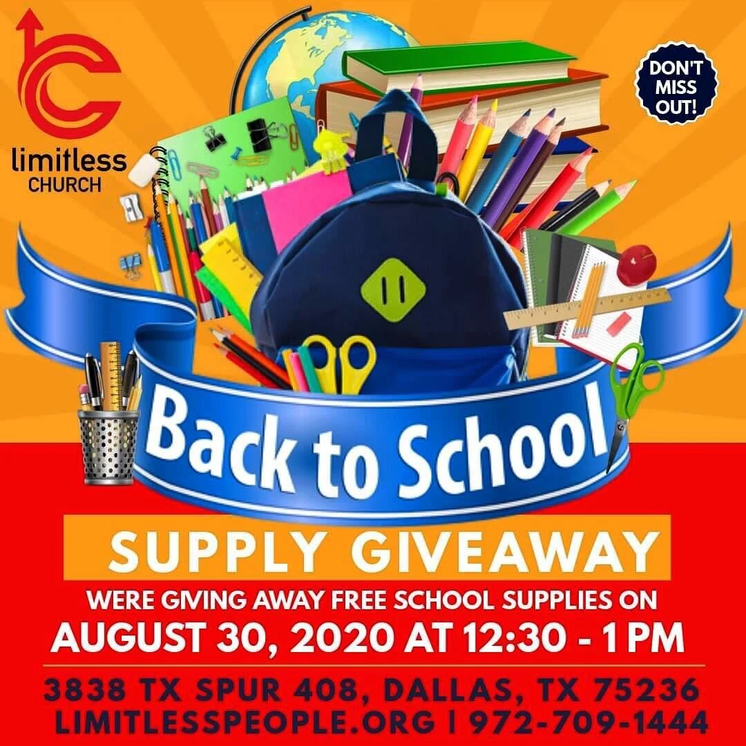 🔊 Calling all parents &amp; students‼️ We&rsquo;re having a 🎒 BACK TO SCHOOL SUPPLY GIVEAWAY! Sunday, August 30, 2020 @ 12:30 - 1 pm‼️ Drive thru and pick up your FREE supplies! DON&rsquo;T MISS OUT‼️#limitlessfbr 📌 No contact and mask&rsquo;s 😷 