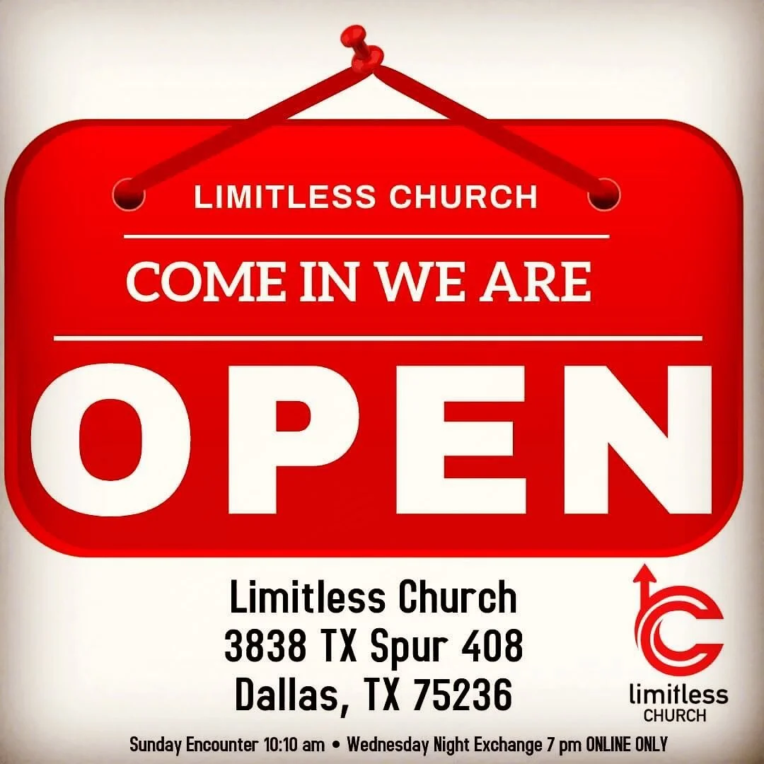 🅾️ WE ARE OPEN‼️ Join us in person for corporate worship on Sundays @ 10:10 am at Limitless Church, 3838 TX Spur 408, Dallas, TX 75236 😷 We follow safe social distancing regulations and masks are mandatory. See you there‼️ #limitlessfbr #weareopen 