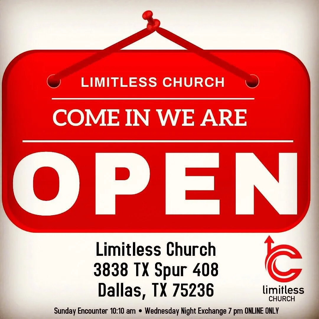 🅾️ WE ARE OPEN‼️ Join us in person for corporate worship on Sundays @ 10:10 am at Limitless Church, 3838 TX Spur 408, Dallas, TX 75236 😷 We follow safe social distancing regulations and masks are mandatory. See you there‼️ #limitlessfbr #weareopen 