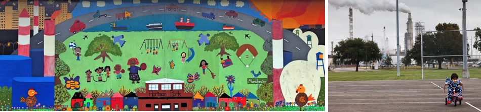 Figure 2. (a. Left) Mural in Hartman Park depicting the stark reality in the Harrisburg/Manchester neighborhood. (b.Right) child playing in Hartman Park while smoke billows from Valero’s refinery
