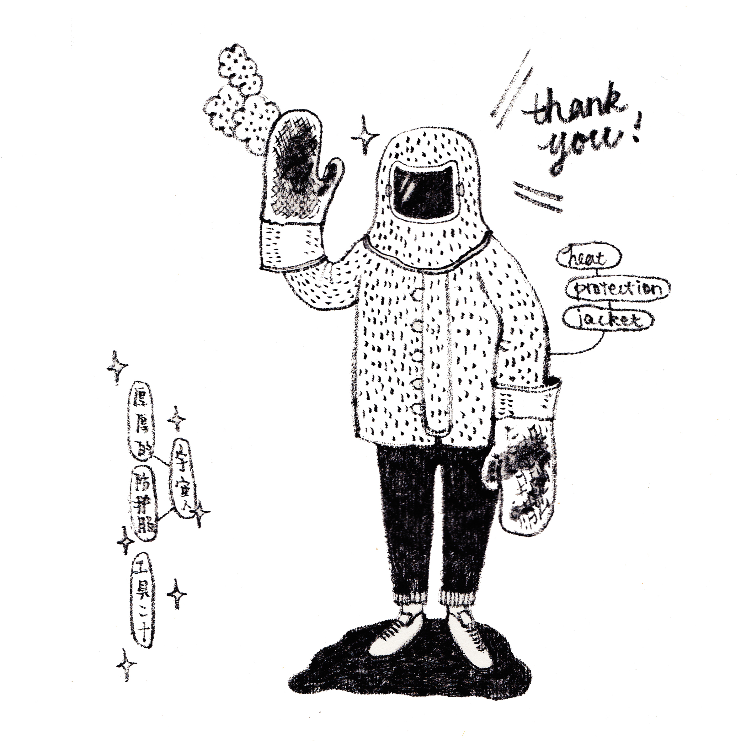 22. 工具二十,防护服 厚厚的宇宙人防护服,隔热又保温,穿起来也很呆萌~它在保护我们不会被烫到的同时也完成了安全将吹制作品送进退火炉的最后一个步骤!就像春晚最后的压轴金曲一样!作为退火集吹制工具系列的最后一幅插图,第一章的内容也要华丽丽的进退火炉里,暂时告一段落了。非常感谢大家的关注!看着关注人数慢慢在增多,觉得自己也是在做一件很有意义的事情!之后要开始陆续介绍其他工房的工具和工艺,打算先从铸造工作室开画!敬请期待啦! Tool20, Protective Clothing When it comes to catch the blown work and put it into the annealer, the best way to protect yourself is suit up with the aluminized clothing to protect yourself from the heat. While gloves are the first line of defense when it comes to protecting our hands, cover mitts are used to protect the gloves and mitts from catching the works. As wearing the protective suit to put our works into the annealer is the last step of blowing, the first chapter of tuiglass illustration is also ready to "be annealed". Thanks so much for following my instagram! Makes me feel that I am doing something pretty significant! (Lol) Next chapter will focus on kiln tools and all sorts of random kiln stuff! Journey continuing to the next...! Woot Woot!