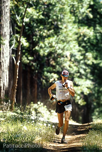 Scott Jurek, one of the greatest ultra runners in history. Here he is running the Western States 100 mile trail race in California in 2002. Scott is a plant based athlete. 