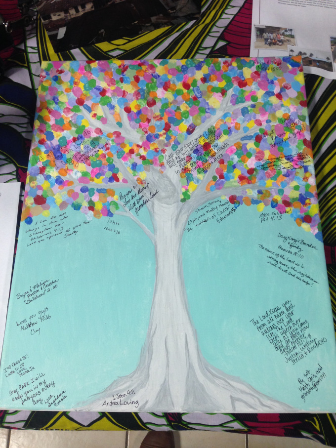   We asked that each person would write their name and a bible verse. This painting will be hung up in our house in Liberia!  