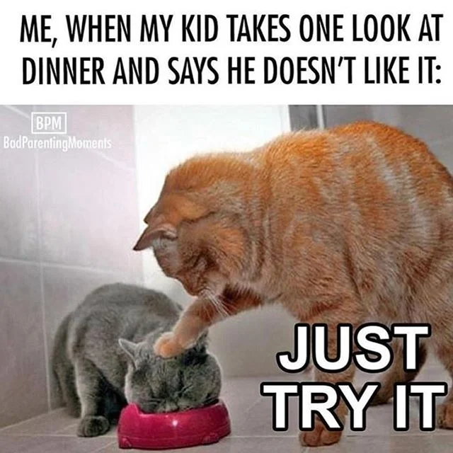 Credit: @badparentingmoments — Every time I spend 30-60 minutes preparing a dinner with love. “I don’t want that,” they say. And I shove their face in it. Just kidding, I spend another 20 minutes microwaving junk food and grumbling. @amyskitchen Mac and Cheese is always a winner, and I keep at least 6 cups of it on hand at all times to mentally cope with the struggle.