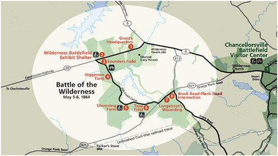 Map of Wilderness battlefield. Click to enlarge.