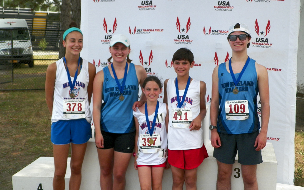 Waltham TC race walkers - and club alumni - earned 5 gold medals at the USATF Region I meet in their events.