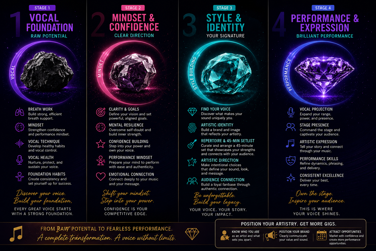 Infographic outlining four stages of vocal and performance development. Stage 1: Vocal Foundation with focus on breathing, mindset, vocal technique, health, and habits. Stage 2: Mindset & Confidence emphasizing clarity, goals, resilience, confidence, mindset, emotional connection. Stage 3: Style & Identity highlighting voice discovery, artistic building, repertoire, and direction. Stage 4: Performance & Expression focusing on projection, stage presence, artistic storytelling, skills, and excellence. Each stage has key tips and motivational quotes for singers and performers.