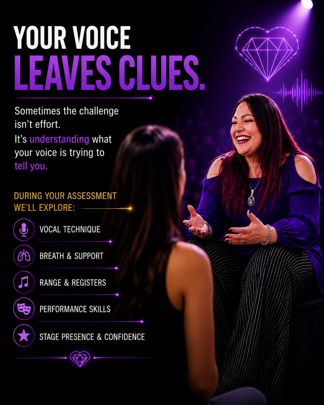 Ysabelle Bertrand smiling and talking to another woman with long dark hair against a dark background with neon purple and pink graphics, including a diamond, heart, waveform, and musical notes, promoting vocal training and performance skills.